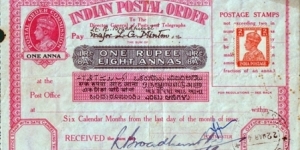 India 1944 1 Rupee & 8 Annas postal order.

Issued at Shillong (Assam). Banknote