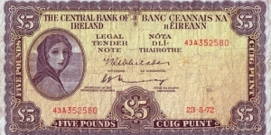 Ireland 1972 5 Pounds. Banknote