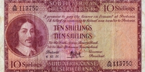 South Africa 1951 10 Shillings.

English on Top type. Banknote