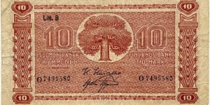 10 Markkaa (Litt.B / kivialho & Aspelund/ 1948)  Banknote