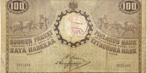 100 Markkaa Kullassa / Gold Mark (Peoples Commissariat Issue / Basilier & Hisinger Jagerskiold signatures / OverStamped / 1918 issue) Banknote