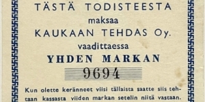 1 Marka (Kaukaan Tehdas Oy / Forest Industry Company / 1873-1953) Banknote