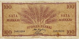 100 Markkaa (Karjalainen & Sacklen signatures)  Banknote