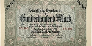 100.000 Mark (Regional Issue / Saxony Note Issuing Bank of Dresden / Weimar Republic 1923)  Banknote