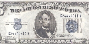 Silver Certificate; 5 dollars; Series 1934A (Julian/Morgenthau) Banknote