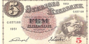 5 kronor; 1951 Banknote