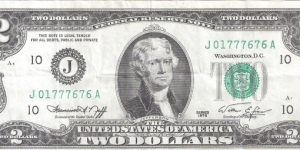 Federal Reserve Note; 2 dollars; Series 1976 (Neff/Simon).  My father got a $2 bill when I was born; it may have been this one. Banknote