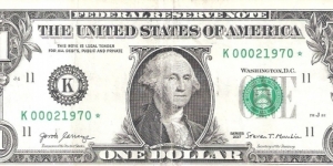 Federal Reserve Note; 1 dollar; Series 2017 (Carranza/Mnuchin).  Star Note. Banknote