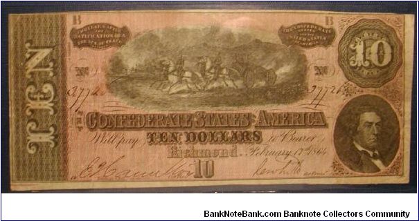 Confederate States of America (Virginia) 10 Dollar Bill 1864 Banknote