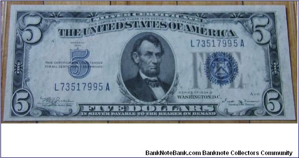 US 5 Dollar Silver Certificate 1934 Banknote