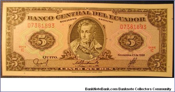 Ecuador 5 Sucres 1988 Banknote