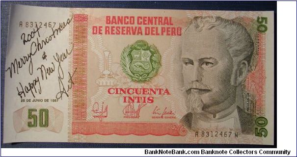 Peru 50 Intis 1987

Used as a Christmas card.

NOT FOR SALE Banknote