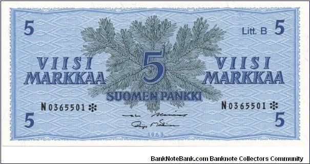 5 markkaa. Litt. B series of 1963. Star note. Banknote