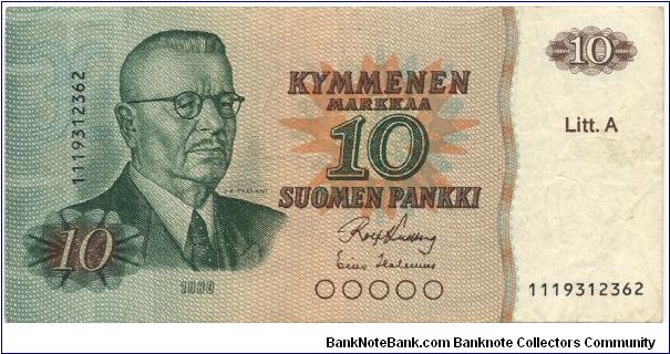 10 markkaa. Litt. A series. OBVERSE: J.K.Paasikivi.

Primary signature: Rolf Kullberg Banknote