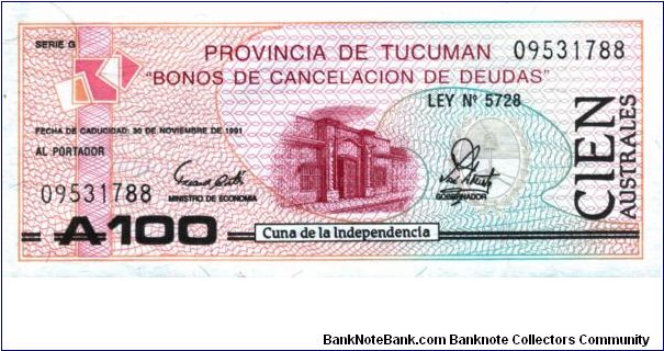 Argentina - 100 Australes (Provincia de Tucuman)- 1991 - S-2715 Banknote