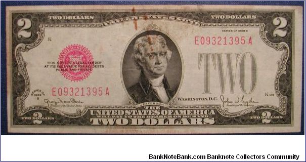 1928 2 Dollar Federal Reserve Note (stained) Banknote