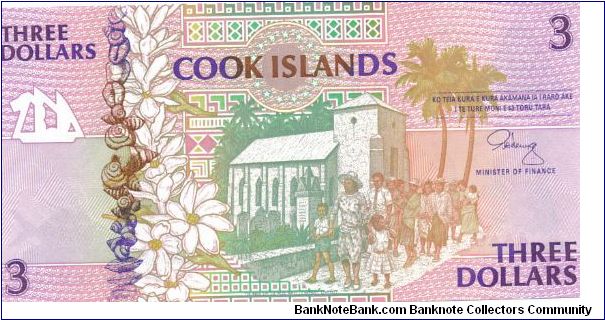 1992 Cook Islands 3 Dollar note. P-7A Banknote