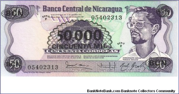 50.000 Cordobas (overprintes) * 1987 * P-148 Banknote