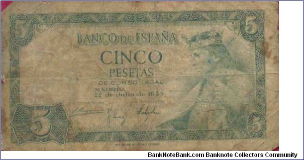 5 Pesetas,
Anverso:
Alfonso X, el Sabio
Reverso:
Madrid, Palacio de Bibliotecas y Museos Banknote