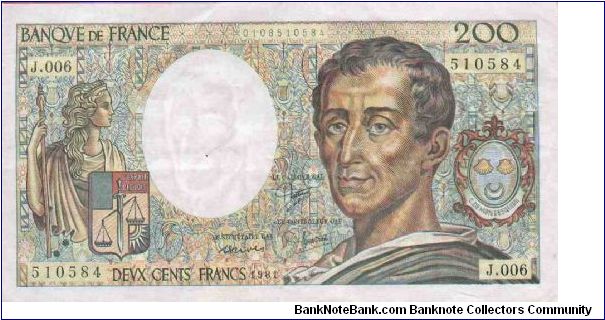 200 Francos,
Anverso:
Charles de Secondat, Baron de Montesquieu

Serie:
510584 Banknote