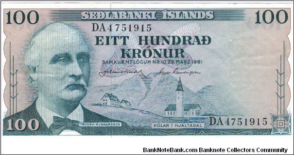 Iceland - Sedlabanki Islands 100 Kronur 1961. Gunnarsson was my friend Kris' great grandfather. Banknote