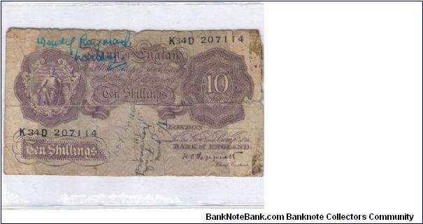WWII Short-Snorter on a Bank of England 10 Shilling Rose Note.
It is a 1940 April issue with thread.
Richards ref RB10
Duggleby B251
Pick 123 Banknote