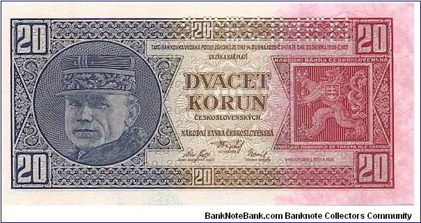 Czechoslovakia - 20 Kc  1926

The first banknote of National Bank of Czechoslovakia.
On averse portrait of M. R. Stefanik.
On reverse portrait of finance-minister A. Rasin. Banknote