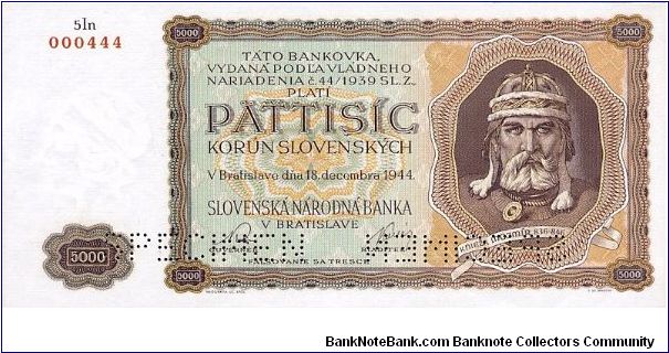 Slovak Republic - 5000 Ks 1944
Never issued
Specimen Banknote
