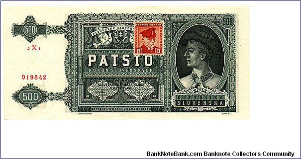 Czechoslovakia - 500 K (500 Ks 1941 overstamped) Banknote