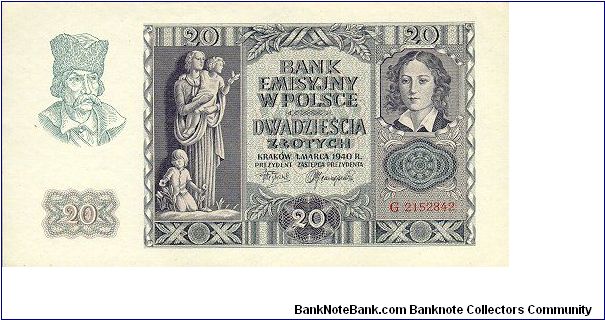 20 Zlotych
General Gouvernement - occupied Poland Banknote