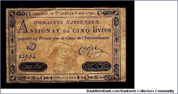 5 Livres.

The issue of May 6, 1791. Banknote