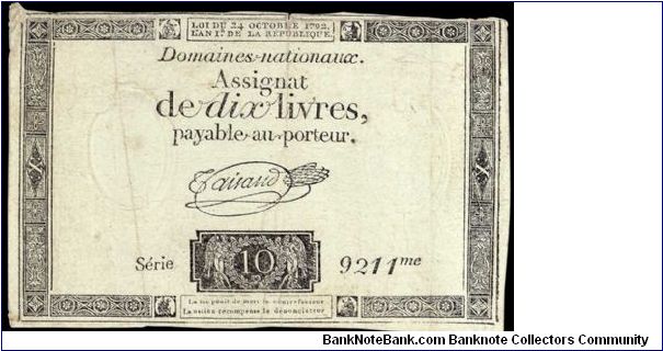 10 Livres.

10/24/1792 issue. Banknote