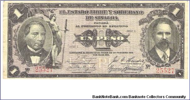 1915 sinaloa 1 peso Banknote