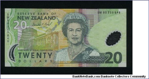 20 Dollars.

Polymeric plastic.

Queen Elizabeth II and government building on face; New Zealand falcons on back.

Pick #187 Banknote
