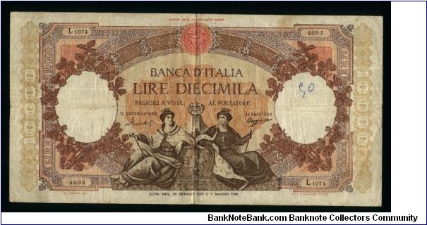 10,000 Lire.

Two women (Venezia and Genoa) seated on face; Dante Alighieri on back.

Pick #46 (Pick 7th Edition, Volume 2, General Issues) Banknote