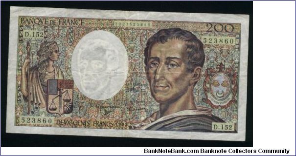 200 Francs.

Figure with staff and Charles Baron de Montesquieu on face; Castle of Labrède and Montesquieu on back.

Pick #155e Banknote