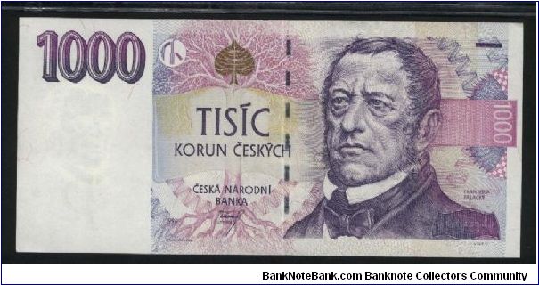 1000 Korun Ceskych.

Metallic linden leaf on top on face.

F. Palacky on face; eagle and Kromeriz Castle on back.

Pick #21



Pick #21 Banknote
