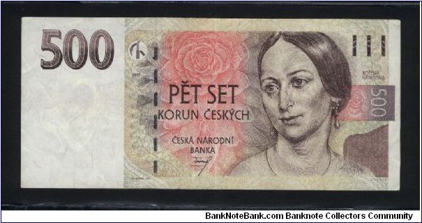 500 Korun Ceskych.

Mrs. B. Nemcova on face; laureate young woman's head on back.

Pick #20 Banknote