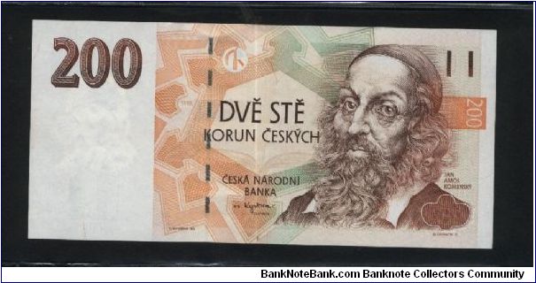 200 Korun Ceskych.

J.A. Komensky on face; hands outreached on back.

Pick #19 Banknote