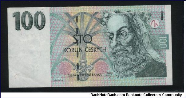 100 Korun Ceskych.

King Karel IV on face; large seal of Charles University on back.

Pick #18 Banknote