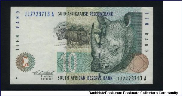 10 Rand.

White rhinoceros at center, large white rhino at right on face; ram's head over sheep at left on back.

Pick# 123a Banknote