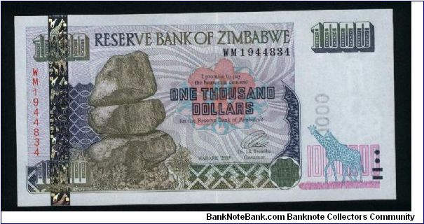 1000 Dollars.

Re Matapos rocks on face; elephants on back.

Pick #11 Banknote