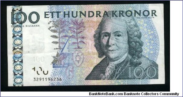 100 Kronor.

With foil hologram.

Carl von Linné (Linnaeus) on face; bee pollinating flowers on back.

Pick #64 Banknote