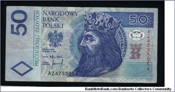 50 Zlotych.

King Kazimierz III Wielki on face; eagle from seal, orb and sceptre and town wiews of Cracow and Kazimierz on back.

Pick #175a Banknote