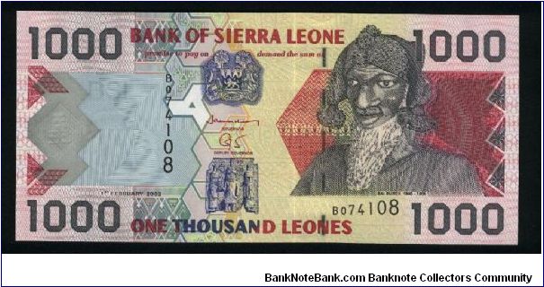 1000 Leones.

Bai Bureh and carving on face; dish antenna on back.

Pick #24 Banknote