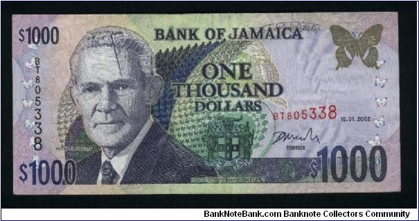 1000 Dollars.

Michael Manley on face; Jamaica House on back.

Pick #78 Banknote
