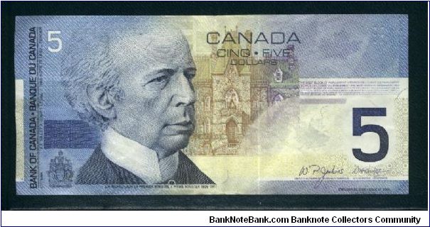 5 Dollars.

Sir Wilfrid Laurier and west block of Parliament on face; winter sports (children skating, tobogganing, playing hockey) on back.

Pick #101 Banknote
