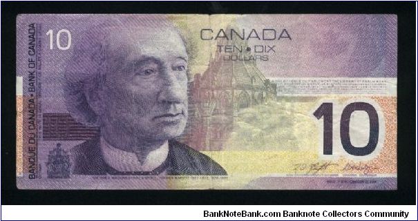 10 Dollars.

Sir John A. Macdonald and Parliament Library on face; veteran and children at memorial at right, peacekeeper with binoculars at center, poppies, doves and the first verse of  In Flanders Fields at right on back.

Pick #102b Banknote