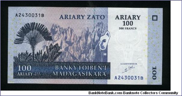 500 Francs=100 Ariary.

Papyrus and mountains on face; volcano isle on back.

Pick #new Banknote