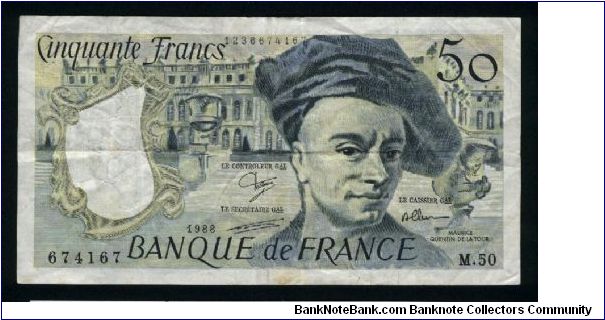 50 Francs.

Maurice Quentin de la Tour and Palace of Versailles in background on face; M.Quentin de la Tour and Saint Quentin City Hall on back.

Pick #152d Banknote